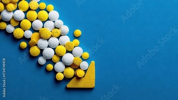 Fototapeta   A collection of yellow and white tablets resting atop a blue background alongside a yellow and white pointer