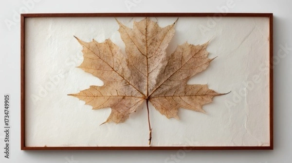 Fototapeta A single maple leaf, captured in its natural state with intricate details and subtle shadows on an off-white background, framed within a vintage frame
