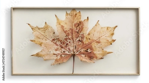 Fototapeta A single maple leaf, captured in its natural state with intricate details and subtle shadows on an off-white background, framed within a vintage frame
