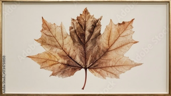 Fototapeta A single maple leaf, captured in its natural state with intricate details and subtle shadows on an off-white background, framed within a vintage frame
