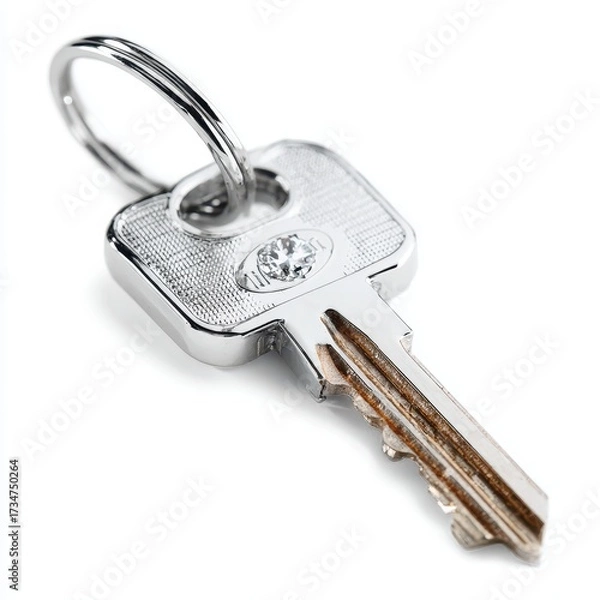 Fototapeta Close-up of a Silver Key with Diamond Accent on White Background