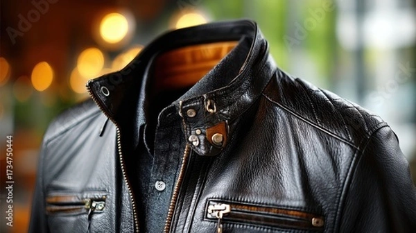 Fototapeta Close-up of Stylish Black Leather Jacket with Zipper and Button Details