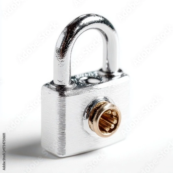 Fototapeta Silver Padlock with Golden Keyhole on White Background, Security Concept