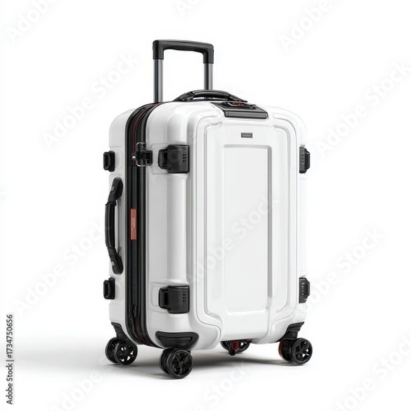 Fototapeta Stylish White Hardshell Carry-On Suitcase with Wheels on White Background