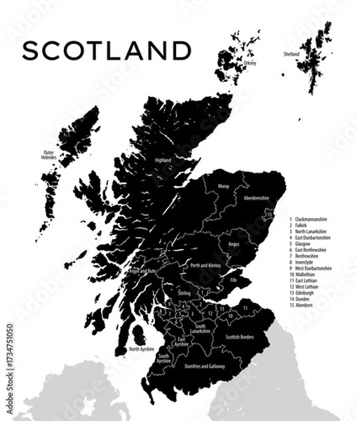 Fototapeta Detailed map of Scotland, black vector silhouette with administrative division of the country into 32 council areas