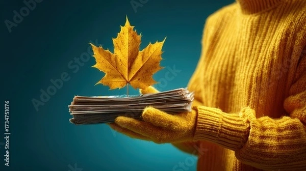 Fototapeta Autumn Leaf on Stack of Documents Held by Person in Yellow Sweater and Gloves