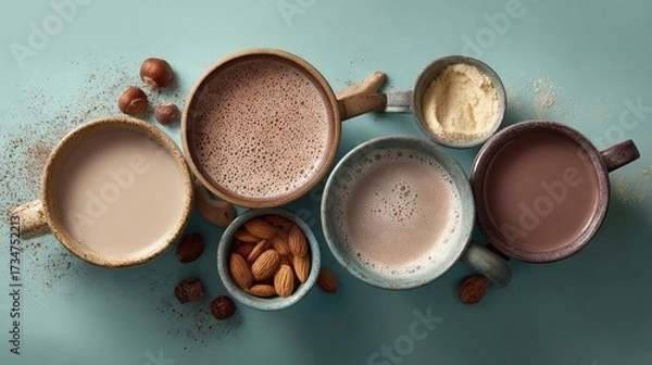 Fototapeta  A collection of diverse coffee mugs brimming with various coffee blends and almonds resting atop a blue background with scattered powdered sugar