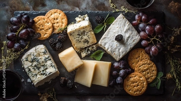 Fototapeta   A selection of cheeses, crackers, and grapes on a slate board accompanied by a glass of wine