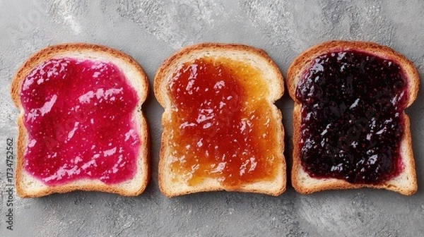 Fototapeta   Three slices of bread stacked on top of each other with jam spread on the gray surface beside them
