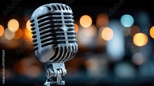 Fototapeta Vintage Microphone Close-up with Bokeh Lights Background for Music and