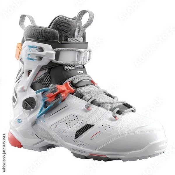 Fototapeta Futuristic White Inline Skate Boot Detail on White Background