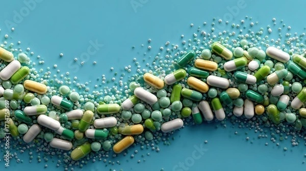Fototapeta   Green and white pills arranged in a curved shape on a blue background with white and green pills
