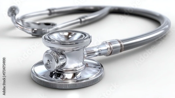Fototapeta Close-up of a Shiny Silver Stethoscope on a White Background