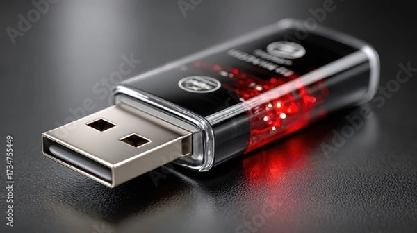 Fototapeta Modern USB Flash Drive with Red Circuitry on Dark Textured Background