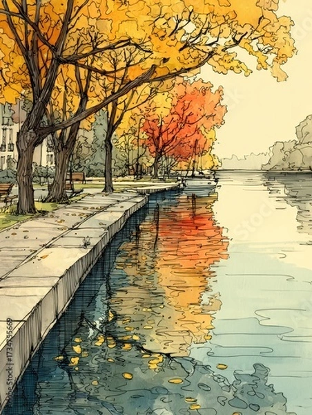 Fototapeta Autumn Park Scene with Colorful Trees and Water Reflections Illustration