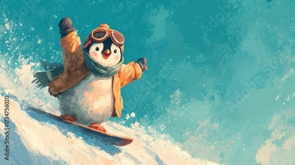 Fototapeta Penguin snowboarding down a snowy slope with excitement and style