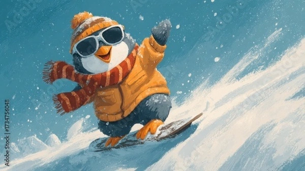 Fototapeta Penguin wearing sunglasses snowboarding joyfully down a snowy hill on a winter day