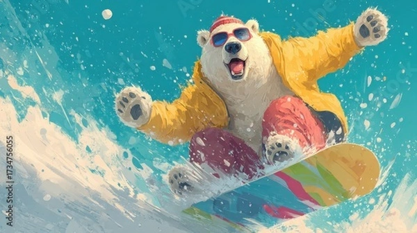 Fototapeta Polar bear snowboarding with sunglasses and bright winter attire in a vibrant setting