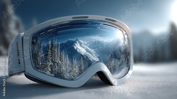 Fototapeta Snow goggles reflecting a serene winter landscape with majestic mountains and evergreen trees