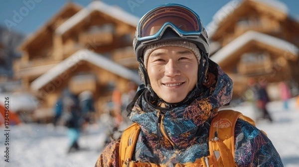 Fototapeta Smiling skier in colorful outfit at a snowy mountain resort with wooden chalets in background