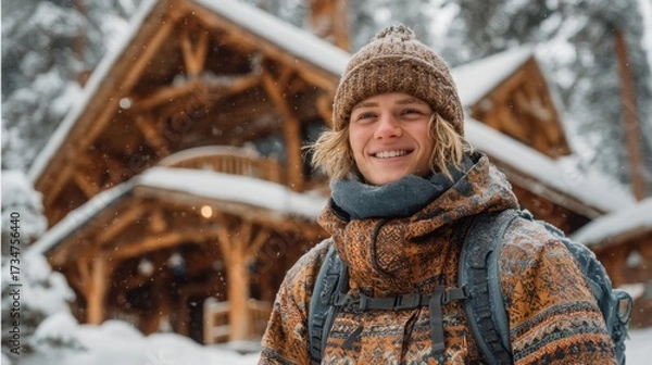 Fototapeta Winter outdoor adventure with a smiling young person near a cozy cabin in snow