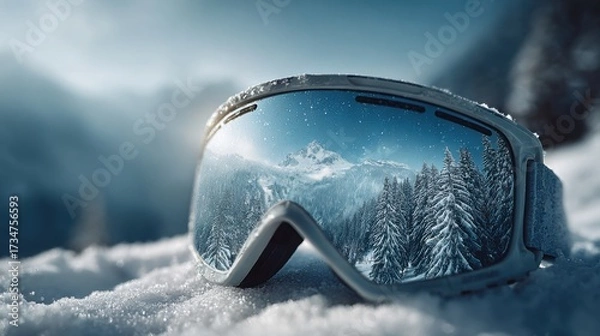 Fototapeta Snow-covered mountains reflecting in ski goggles at sunrise in a winter wonderland landscape