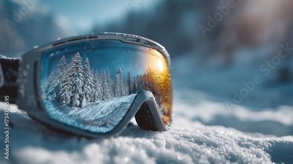 Fototapeta Snowy landscape reflected in goggles resting on fresh snow with a bright sunlight backdrop