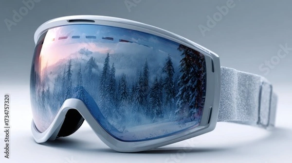 Fototapeta High-quality ski goggles with a scenic winter landscape reflection