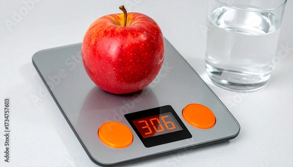 Fototapeta A fresh red apple placed on a digital kitchen scale with an orange display reading "306 g". A clear glass of water sits beside the scale, emphasizing nutrition, food measurement, and healthy eating.