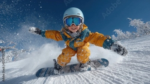 Fototapeta Young child snowboarding on a snowy slope under a clear blue sky enjoying winter sports