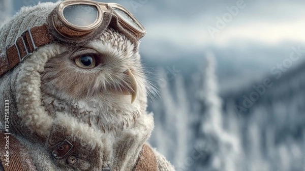 Fototapeta Owl in aviator goggles explores a snowy landscape during winter weather in a whimsical setting