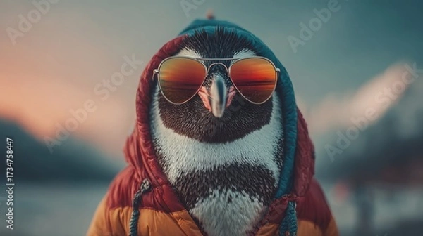 Fototapeta Penguin in sunglasses enjoys a colorful sunset on a chilly day at the beach