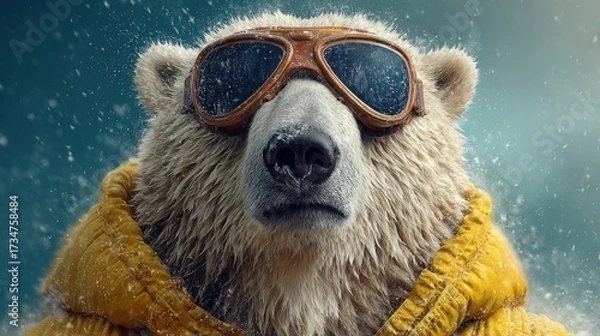 Fototapeta Polar bear wears sunglasses and a yellow hoodie while surrounded by snow in an Arctic environment