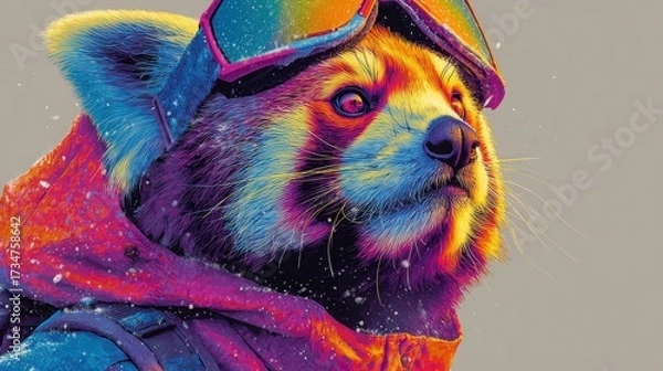 Fototapeta Colorful raccoon wearing ski goggles in snowy mountain environment with vibrant colors