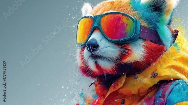 Fototapeta Colorful fox-like creature wearing sunglasses and a winter jacket in artistic display