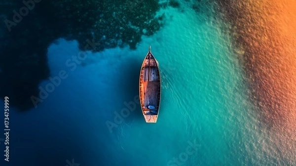 Obraz Wooden boat floating in the calm blue sea with aerial view