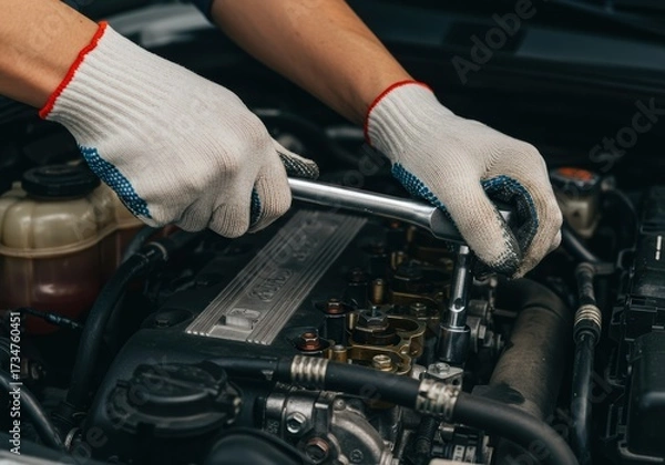 Fototapeta Mechanic working on a car engine