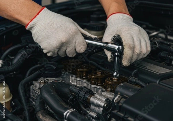 Fototapeta Mechanic working on a car engine