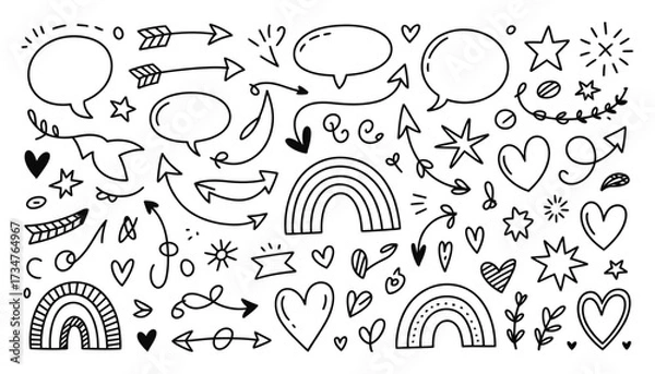 Fototapeta Whimsical hand drawn doodle elements including rainbows hearts arrows and speech bubbles perfect for design