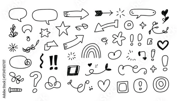 Fototapeta Collection of hand drawn doodle elements arrows speech bubbles stars hearts symbols and more for design