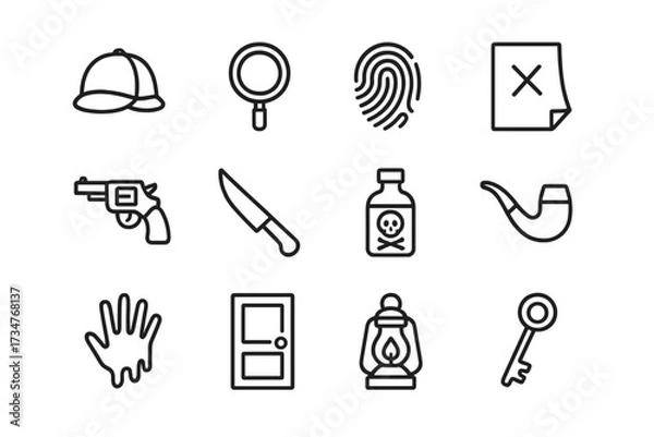 Fototapeta Murder Mystery Icons. Hosting a murder mystery party with costumes and clues. Line outline icon set of Hosting