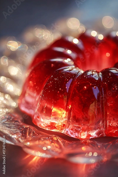 Fototapeta Close-up of jelly, multi-colored gelatin reflecting sunlight, nostalgic mood.