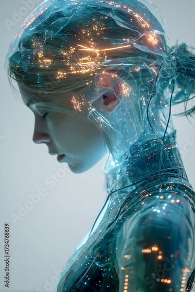 Fototapeta Human profile in multi-layered digital cyberspace, glowing holographic circuits and fragmented overlays, floating code, conceptual futuristic aesthetics