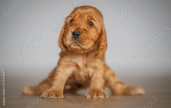 Fototapeta Funny tiny labrador puppy sits clumsily with paws spread, pure cuteness moment