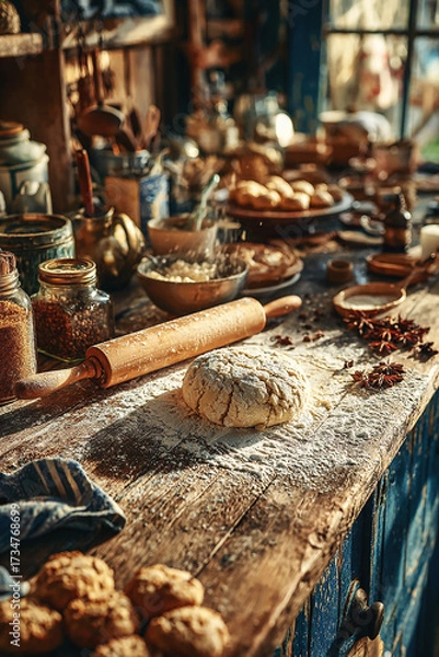 Fototapeta Festive baking moment, vintage kitchen with wooden table, rolling pin, cookie dough and scattered spices, nostalgic mood