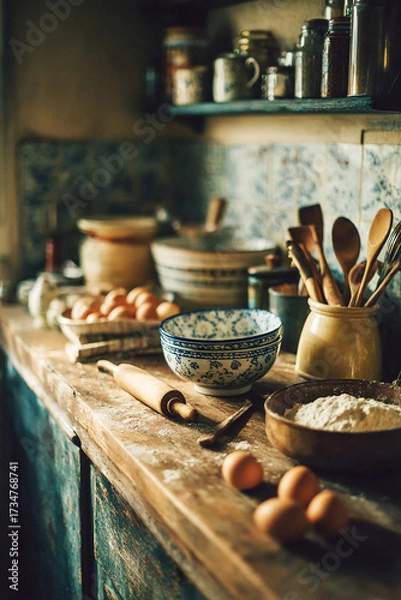 Fototapeta A cozy kitchen with retro utensils, enamel bowls, rolling pins and wooden spoons laid out on a rustic countertop, creating a nostalgic atmosphere.