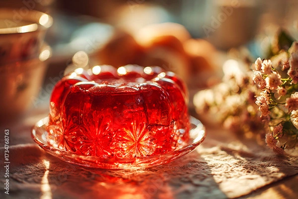 Fototapeta A minimalist photo of jelly on a white plate on a table. Nostalgic desserts