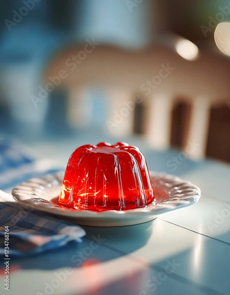 Fototapeta A minimalist photo of jelly on a white plate on a table. Nostalgic desserts