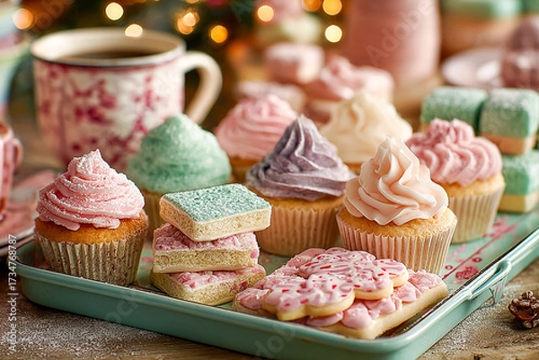 Fototapeta Pastel retro Christmas desserts, an assortment of cupcakes, cookies and petits fours in soft pink, mint and lavender tones, vintage tableware, a nostalgic holiday atmosphere.