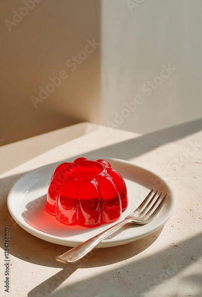 Fototapeta A minimalist photo of jelly on a white plate on a table. Nostalgic desserts